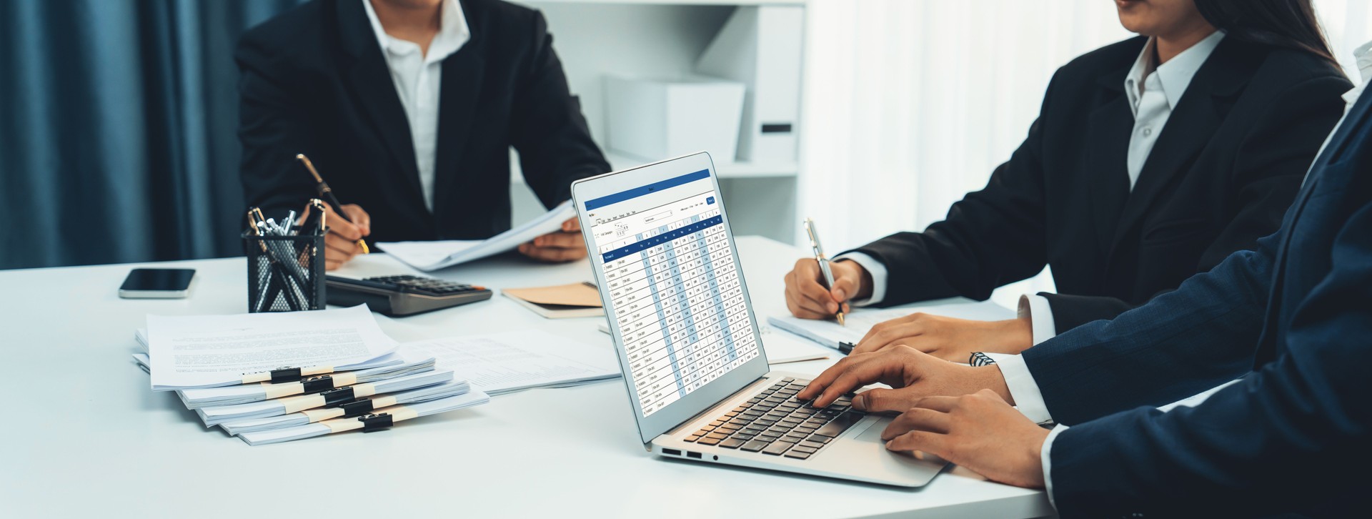 Corporate accountant use accounting software on laptop. Shrewd